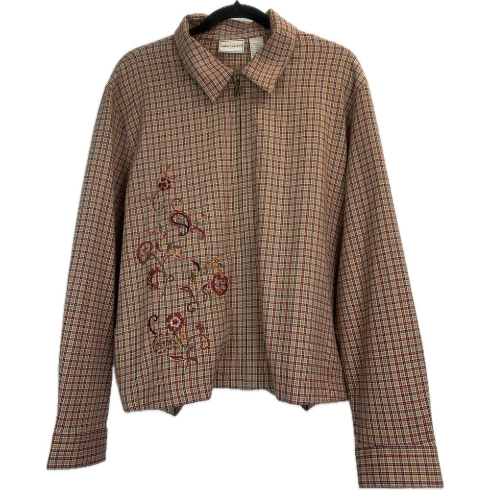 VTG Napa Valley Floral Embroidery Bead Detail Plaid Full Zip Shirt Jacket XL